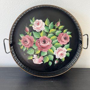 Vintage Pilgrim Art Tole Ware Metal Tray With Handles // Handpainted Roses 15.5"